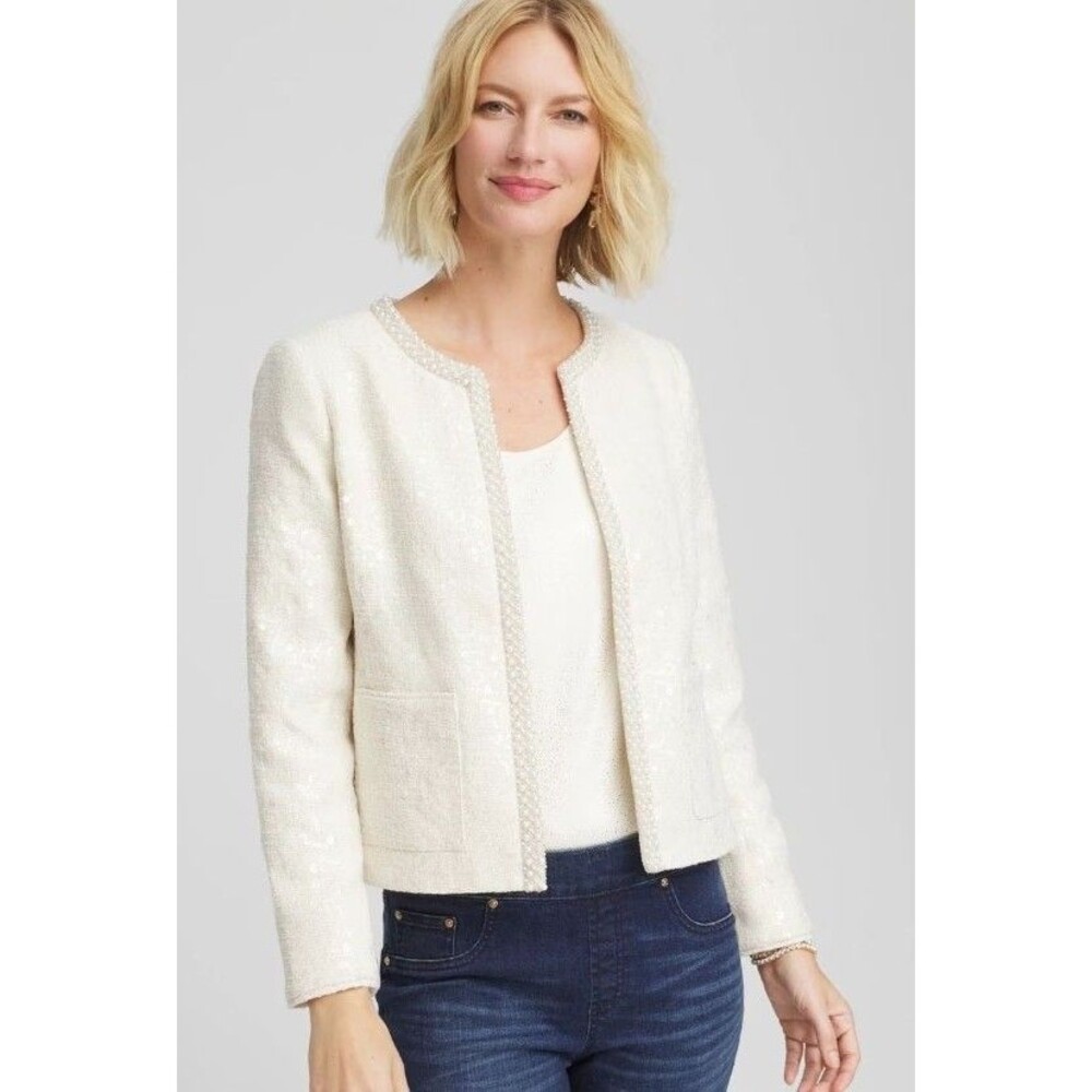 Chico’s Pearl Trim Tweed Jacket NWT Size 1 (Medium) Cream Classic Style 57040103